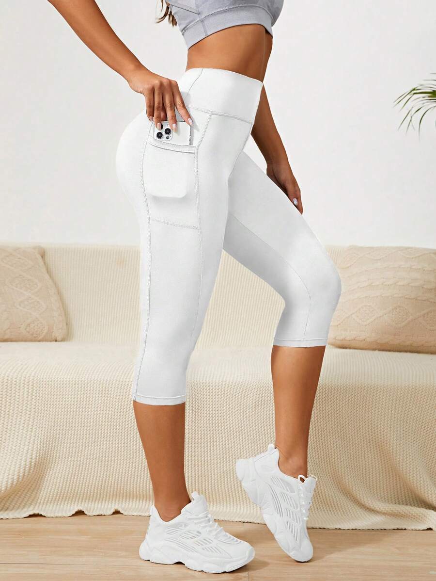 Easithlete Wide Waistband Capri Sports Leggings With Phone Pocket - White - View 1