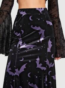 ROMWE Goth Bat Print Asymmetrical Hem Skirt - Black - View 7