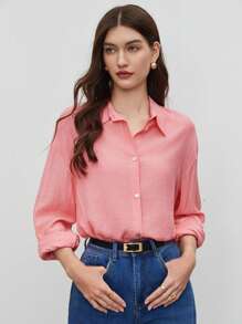 BizChic Chất rắn Nút phía trước Thả vai Áo sơ mi - Màu Hồng  San hô - Xem 2
