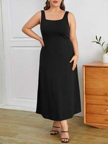 SHEIN Privé Plus Solid Tank Dress - Black - View 6