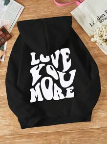 INAWLY 口号图案袋鼠口袋抽绳保暖连帽衫 LOVE YOU MORE，长袖上衣 - 黑色 - 查看 1