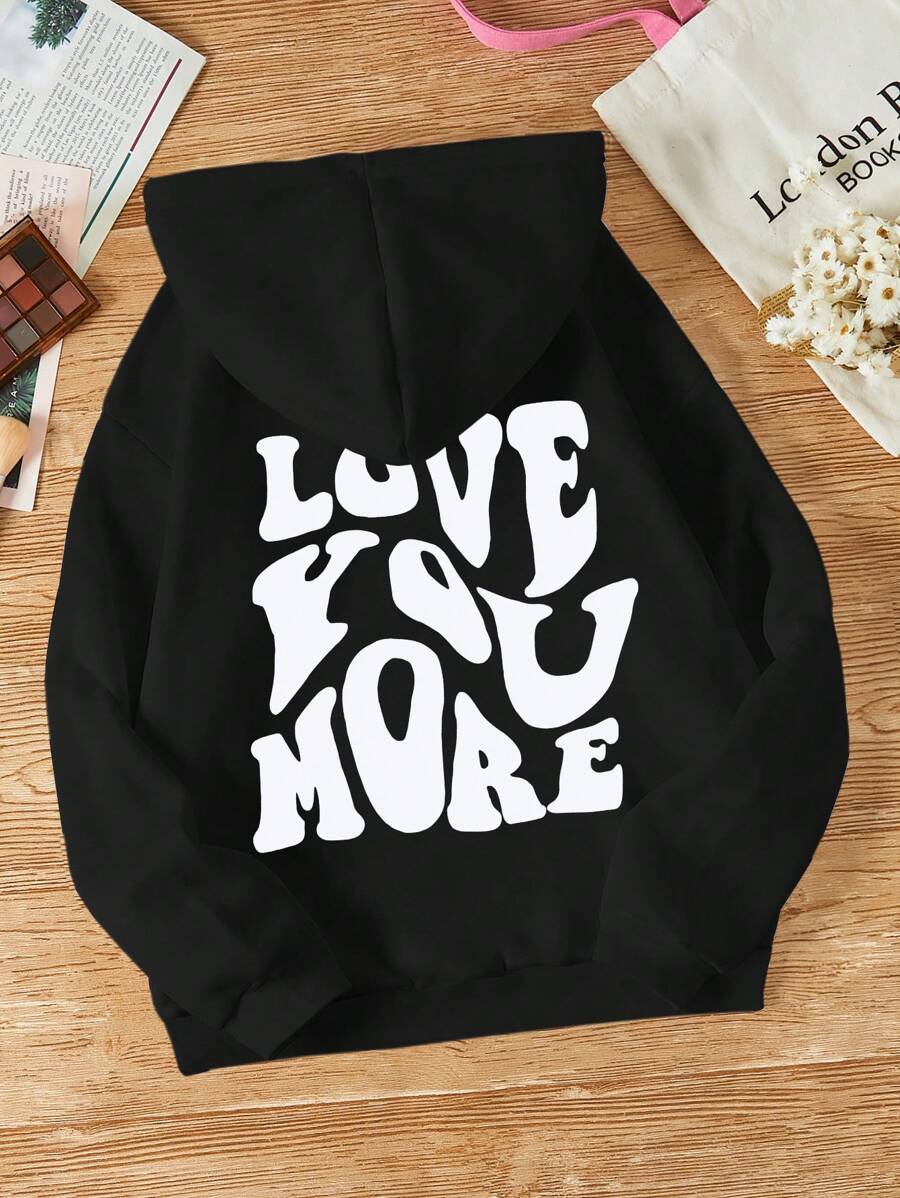 INAWLY 口号图案袋鼠口袋抽绳保暖连帽衫 LOVE YOU MORE，长袖上衣 - 黑色 - 查看 1