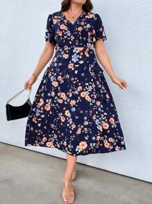 Calvaya Plus Floral Print Knot Side Dress - Blue - View 4