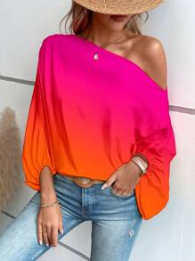 SHEIN LUNE Ombre Asymmetrical Neck Batwing Sleeve Blouse One Shoulder Top - Multicolor - View 1