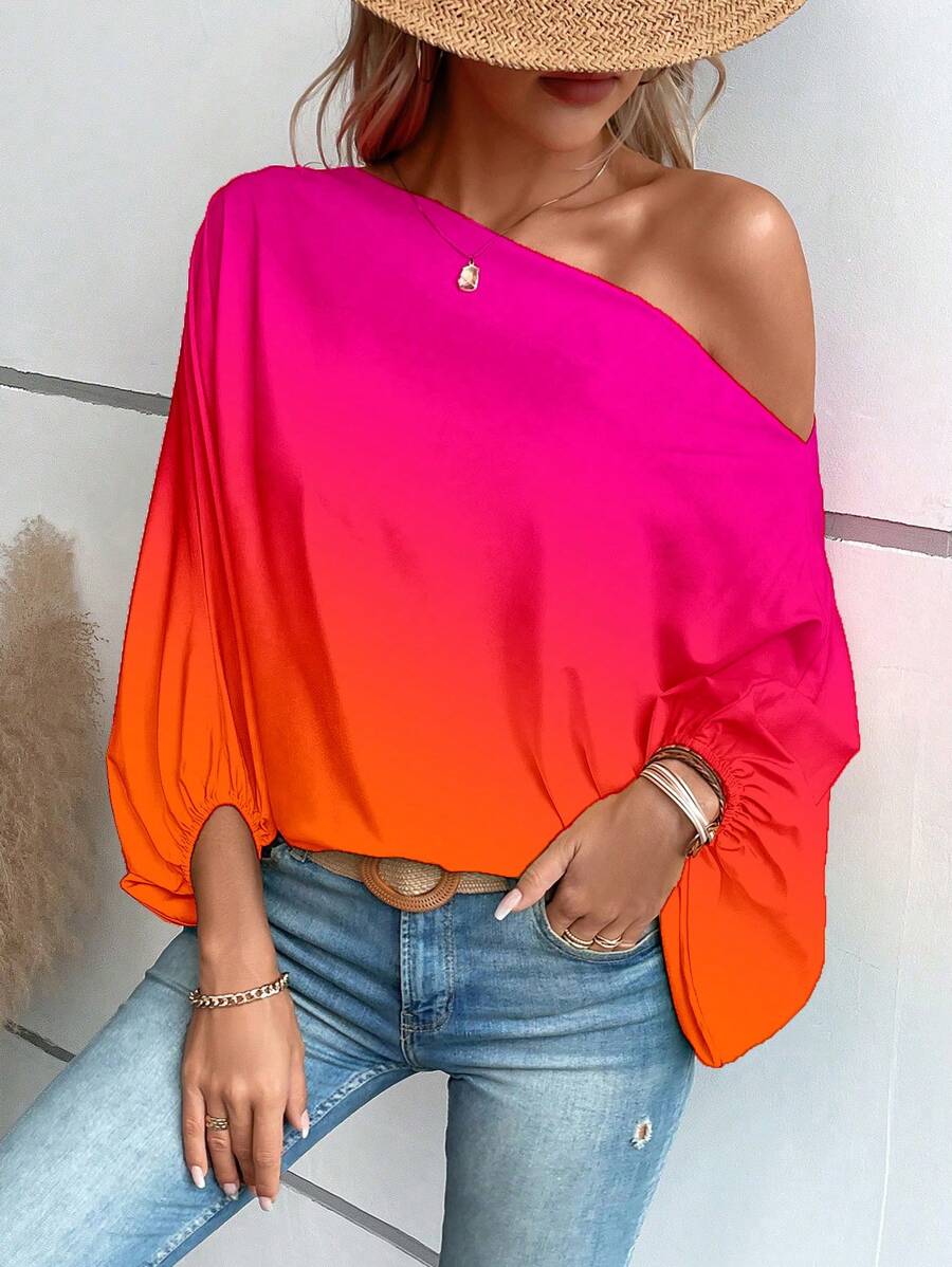 SHEIN LUNE Ombre Asymmetrical Neck Batwing Sleeve Blouse One Shoulder Top - Multicolor - View 1