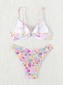 Swim Mod Summer Beach Floral Print Smocked Underwire Bikini Set - Multicolor - View 3