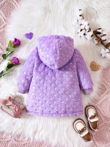 Baby Girl Solid Button Front Hooded Fluffy Coat Without Sweater - Mauve Purple - View 2