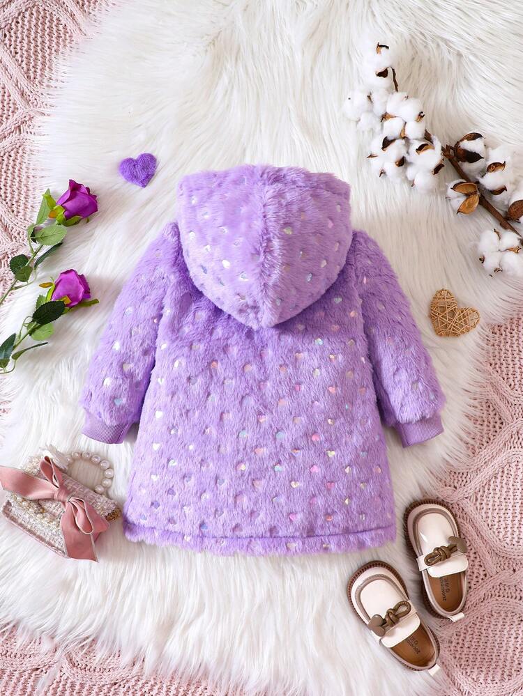 Baby Girl Solid Button Front Hooded Fluffy Coat Without Sweater