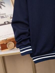 SHEIN 男大童字母圖案條紋飾邊落肩袖運動衫 - 藏蓝色 - 查看 5