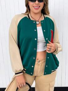 Flirla Hơn Thư được vá Sọc trang trí Tay Raglan Áo khoác Đại học - màu xanh lá - Xem 1