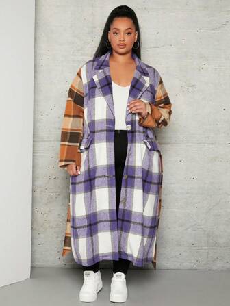 SHEIN CURVE+ Plus Plaid Print Drop Shoulder Belted Overcoat