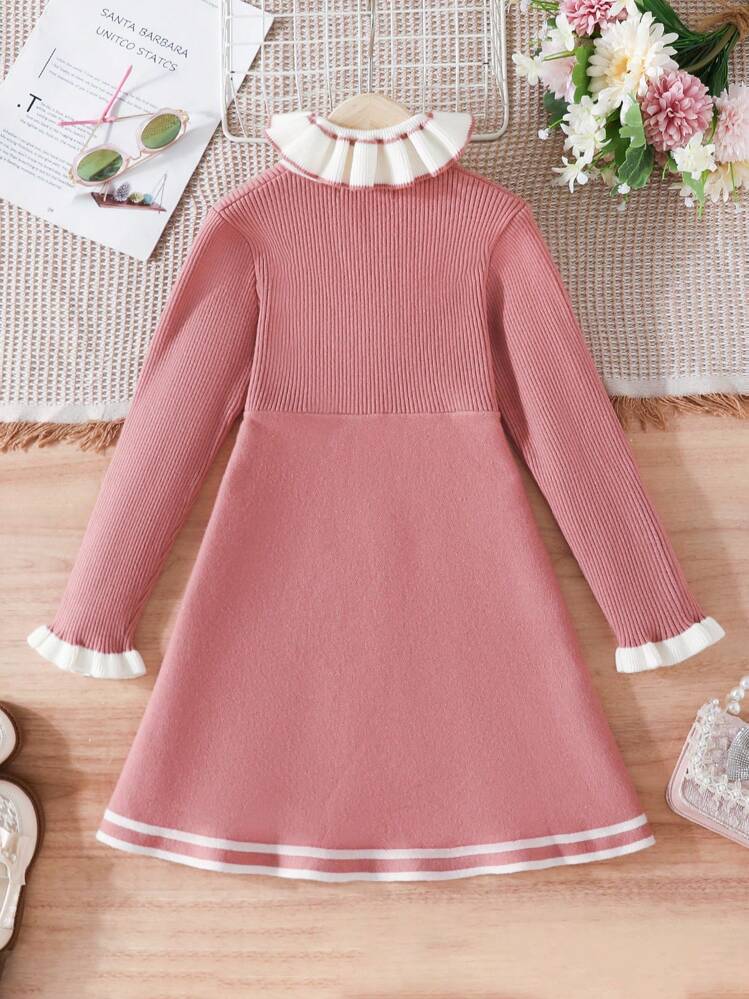 SHEIN בנות 10-13 שולי קפלים פפיון קדמי עיטור פסים שמלות סריג - ורוד - ראה 2