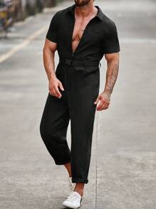 Manfinity Fever City 男士寬鬆純色連身褲，斜口袋和腰帶 - 黑色 - 查看 8