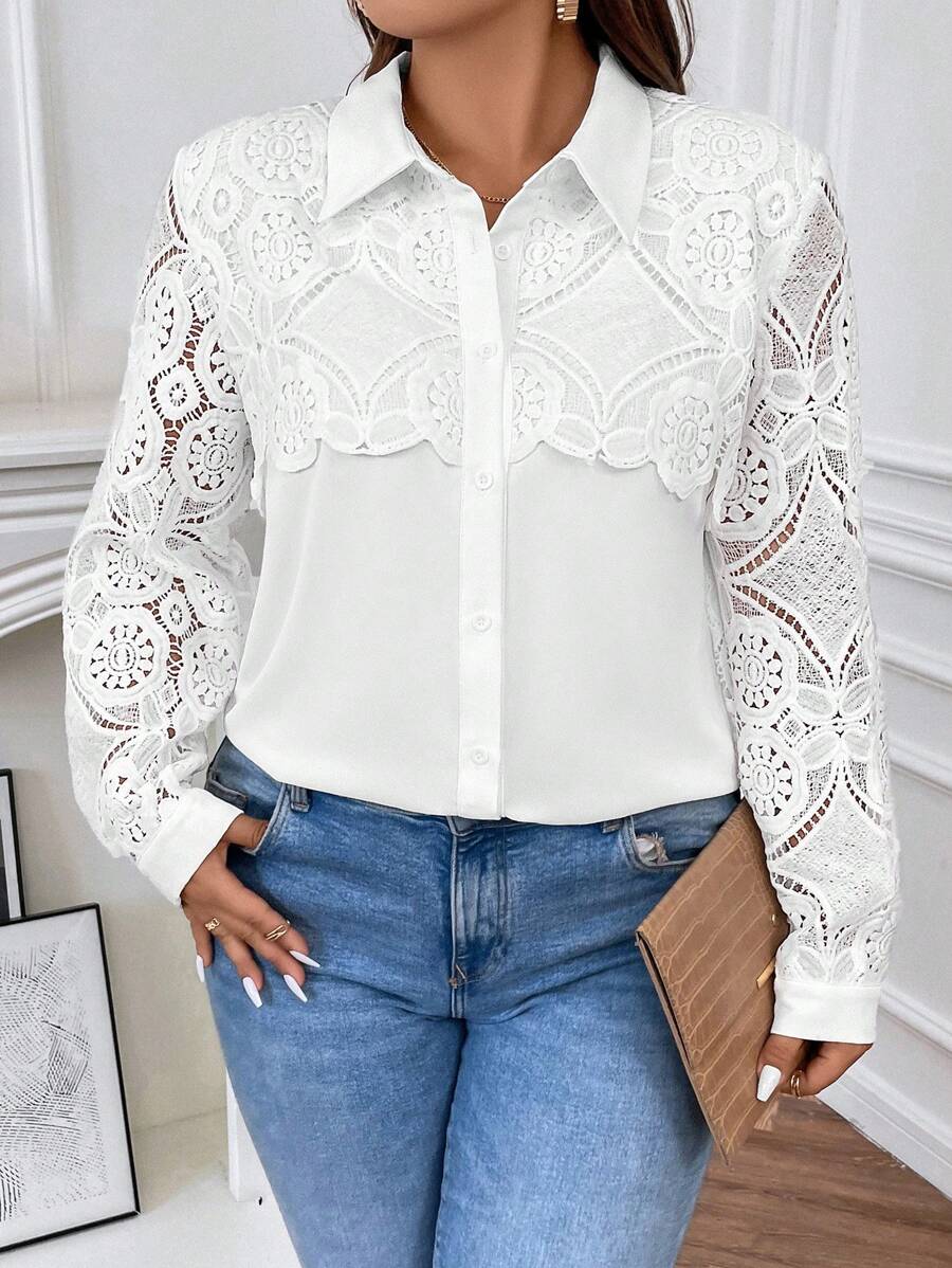 SHEIN Franclia Hơn Guipure Ren tương phản Nút phía trước Áo sơ mi - trắng - Xem 1