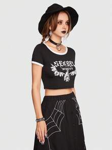 ROMWE Goth 字母圖案撞色滾邊短款T恤 - 黑與白 - 查看 3