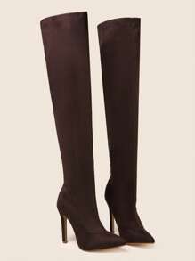 高跟鞋彈性過膝靴帶側拉鍊和尖頭適合女士 - 咖啡棕 - 查看 4