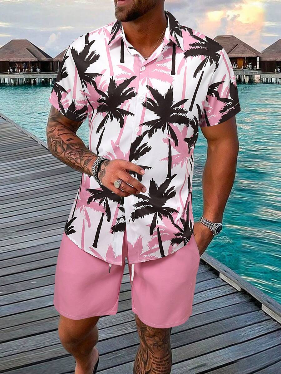 Manfinity RSRT Men Tropical Print Shirt & Shorts, Men Beach Outfit Set, Men Vacation Short Sets, Pink Men Short Sets, Cozy Outfits - Pink - View 1
