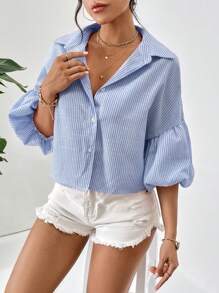 SHEIN Privé In sọc Tay áo lồng đèn Áo sơ mi - Xanh và trắng - Xem 6