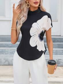 SHEIN Clasi In hoa Cổ giả tay cánh Áo sơ mi - màu đen - Xem 7