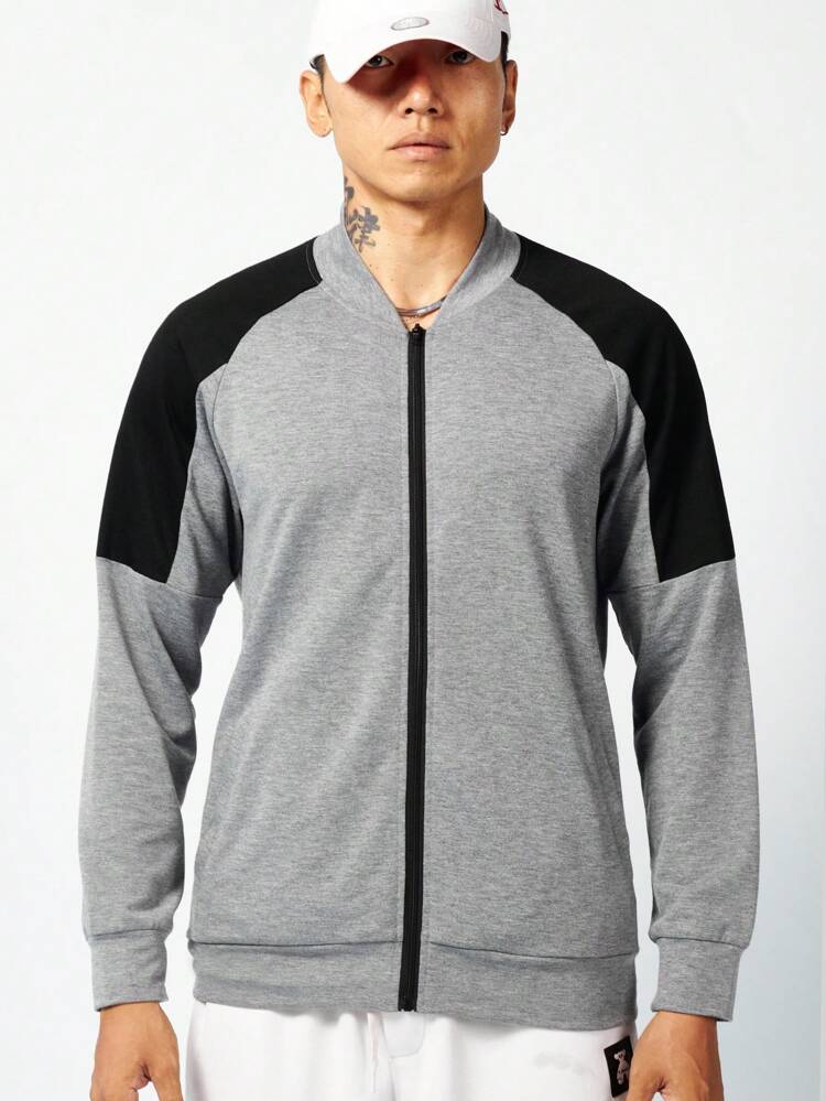 Men Colorblock Zip Up Raglan Sleeve Bomber Sports Jacket Workout Tops Grey Jacket Sports Jacket