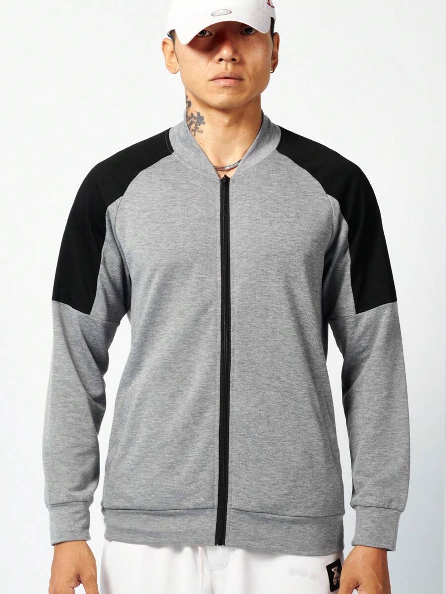 Gym Rark Men Colorblock Zip Up Raglan Sleeve Bomber Sports Jacket Workout Tops Grey Jacket Sports Jacket - Grey - View 1