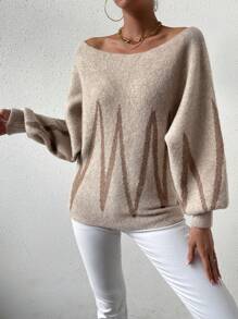 SHEIN Frenchy Chevron Pattern Off Shoulder Lantern Sleeve Sweater - Khaki - View 5