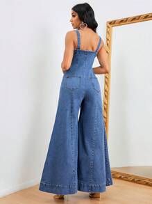 SHEIN Privé Button Front Wide Leg Denim Jumpsuit - Medium Wash - View 2