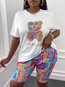 Slaydiva Áo thun họa tiết gấu & chữ Plus & quần short biker in toàn thân cho mùa hè - Nhiều màu - Xem 1