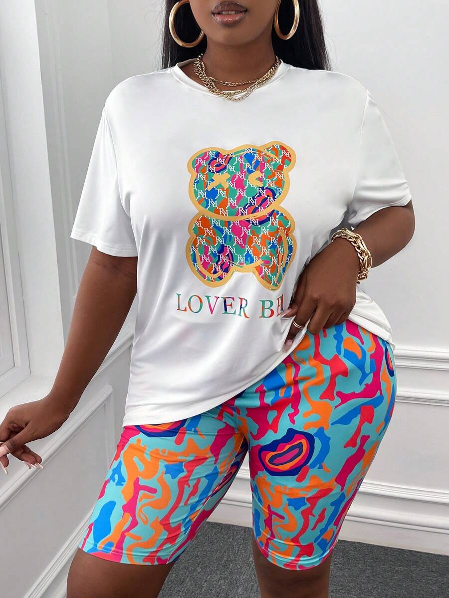 Slaydiva Áo thun họa tiết gấu & chữ Plus & quần short biker in toàn thân cho mùa hè - Nhiều màu - Xem 1