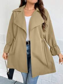 SHEIN Essnce Hơn Cổ áo thác nước Eo dây rút tay áo lá sen Mở Mặt trước Áo khoác Trench - Màu Khaki - Xem 1