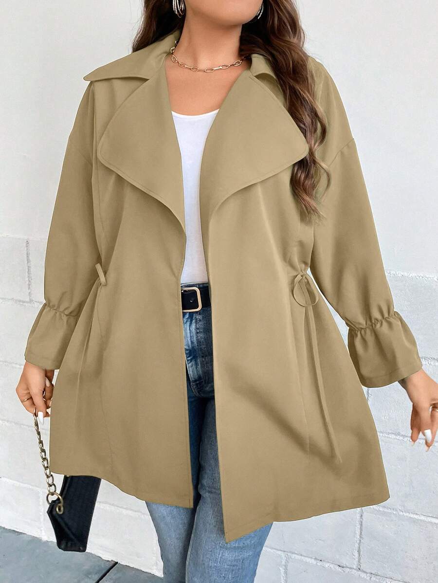 SHEIN Essnce Hơn Cổ áo thác nước Eo dây rút tay áo lá sen Mở Mặt trước Áo khoác Trench - Màu Khaki - Xem 1