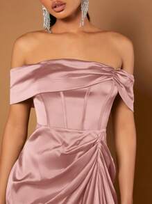 SHEIN BAE Off Shoulder Ruched Asymmetrical Hem Solid Dress,Pastel Dresses For Women - Dusty Pink - View 4