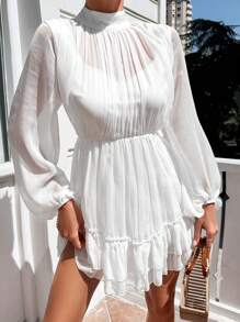 EURMUSE Women's Elegant Commuter Solid Color Stand Collar Lantern Sleeve Ruffle Hem Dress - White - View 2