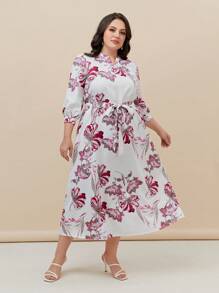 Mulvari Plus Floral Print Notched Neck Belted Dress - Multicolor - View 2