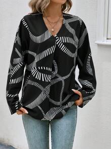 Chiquease Allover Print Roll Tab Sleeve Blouse Fall Cloth For Women - Black and White - View 4