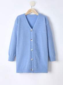 SHEIN Tween Girl Drop Shoulder Button Front Cardigan - Baby Blue - View 1