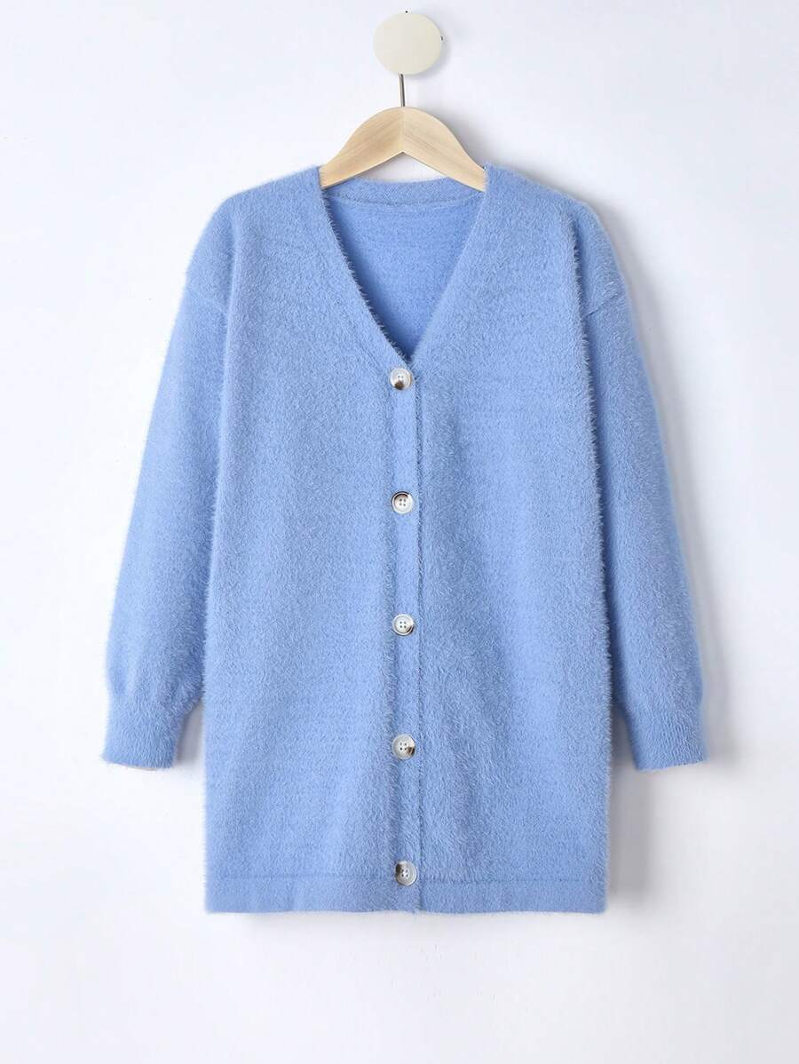 SHEIN Tween Girl Drop Shoulder Button Front Cardigan - Baby Blue - View 1