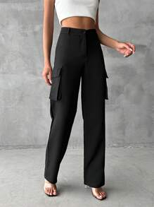 EURMUSE Flap Pocket Side Cargo Pants - Black - View 4