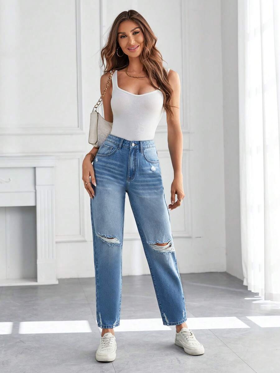 SHEIN Essnce Solid Ripped Mom Fit Jeans - Light Wash - View 1