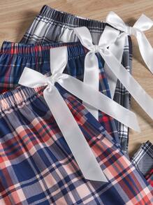 3件套格子印花蝴蝶结前开襟睡衣裤，秋冬服装 - 彩色 - 查看 3