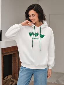SHEIN Frenchy Heart & Letter Graphic Drop Shoulder Drawstring Hoodie - White - View 2