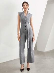 Seusyu 缺口領單排釦腰帶連身褲 - 灰色 - 查看 3