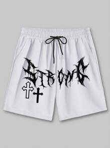 ROMWE MEN Goth 男士字母圖案腰部抽繩短褲 - 白色 - 查看 1