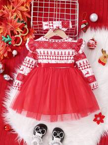 Baby Girl Geo Print Ruffle Trim Mesh Hem Belted Dress With Headband - Red and White - View 2