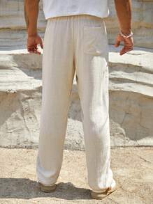 Manfinity BRENVOR Calça com Cordão na Cintura, Detalhe de Costura, Calça Longa Reta, Calça Casual para Férias, para Presente de Marido ou Namorado, Outono