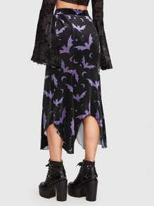 ROMWE Goth Bat Print Asymmetrical Hem Skirt - Black - View 5