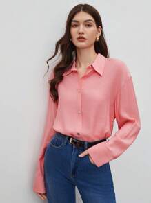 BizChic Chất rắn Nút phía trước Thả vai Áo sơ mi - Màu Hồng  San hô - Xem 1