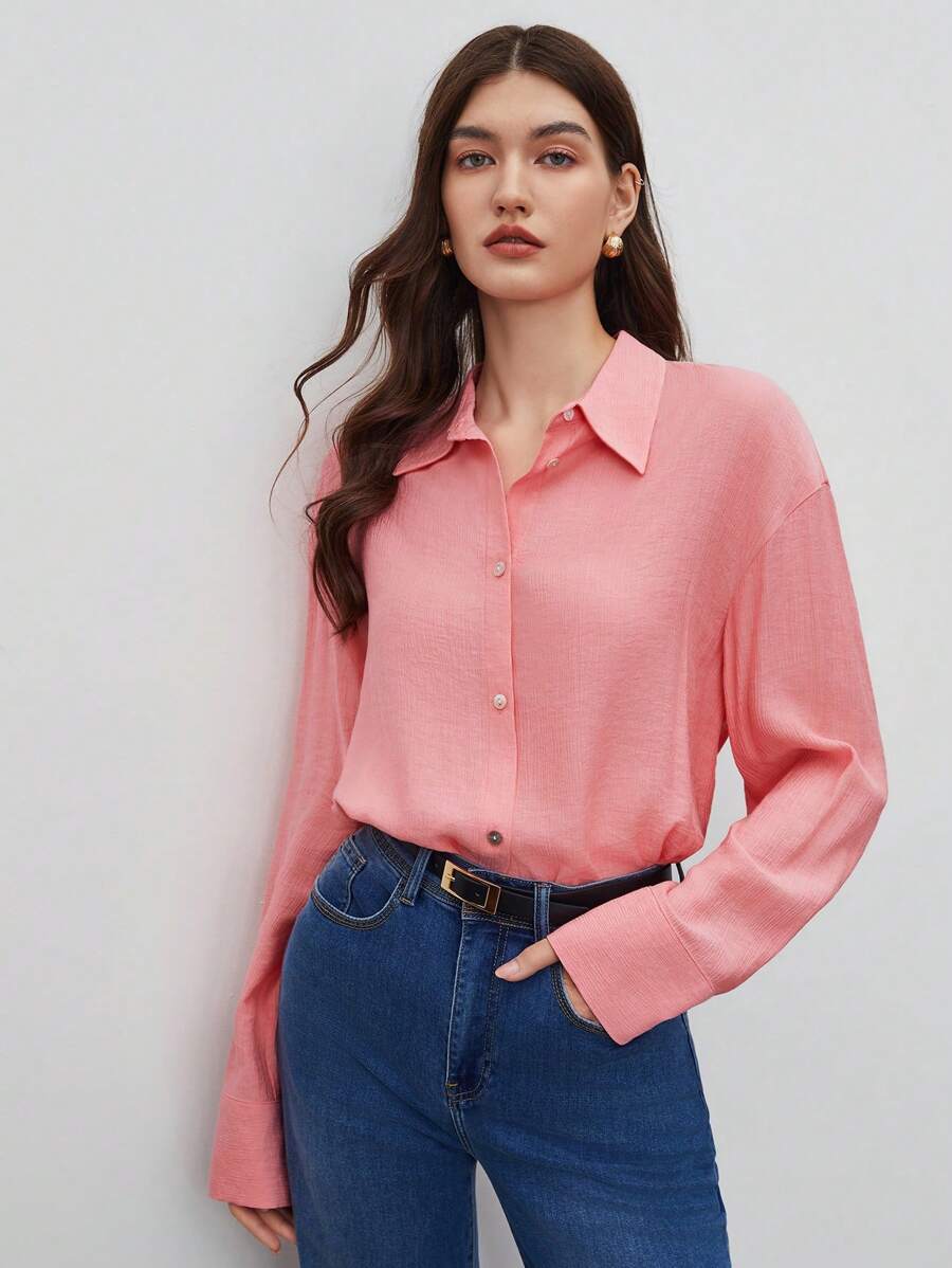 BizChic Chất rắn Nút phía trước Thả vai Áo sơ mi - Màu Hồng San hô - Xem 1