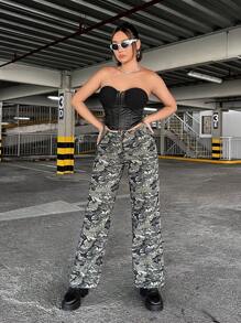 SHEIN ICON Camo Print Wide Leg Jeans - Multicolor - View 4