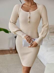 SHEIN Clasi 正面鈕扣插肩袖毛衣洋裝 - 米色 - 查看 3
